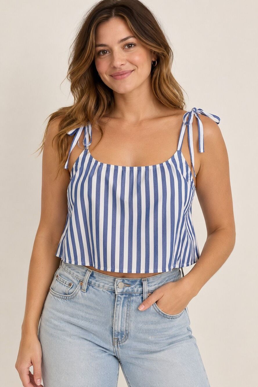 Old Navy Women’s L Blue White Striped Cotton Tie Strap Cami Crop Top NWT